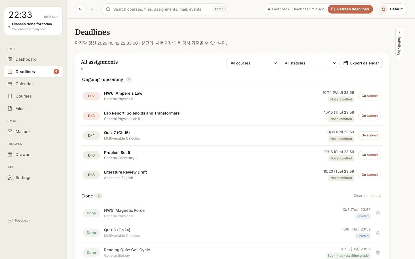 Deadlines screen: assignments from each course sorted by D-day with a 'Go submit' button