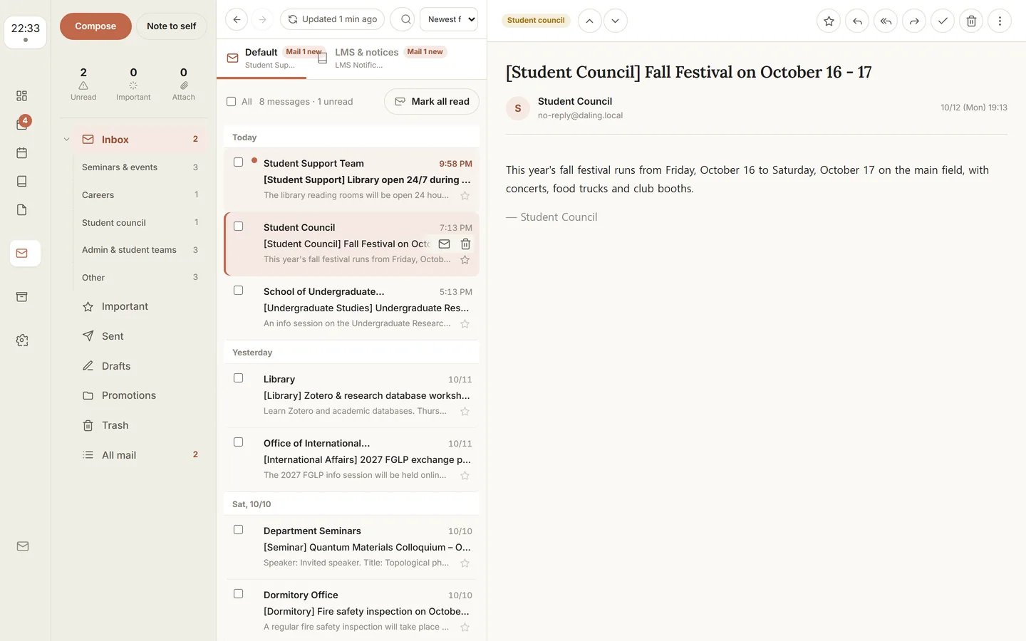 Mailbox: categories on the left, messages grouped by date in the middle and the selected message on the right